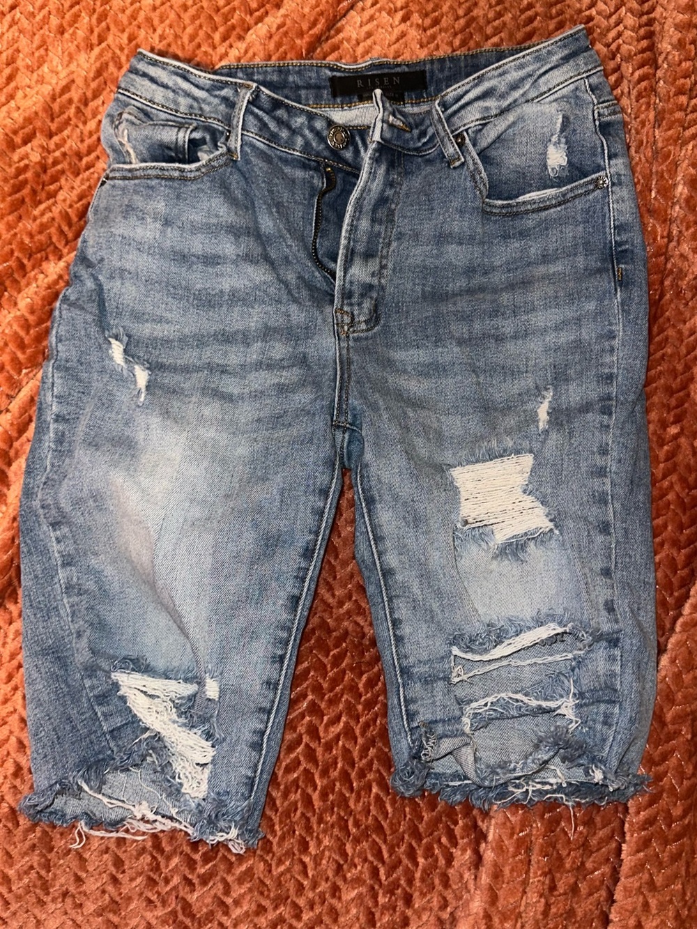 Risen Light Blue Distressed Denim Jean Shorts